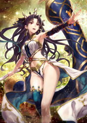 Rule 34 | 1girl, armpits, asymmetrical legwear, asymmetrical sleeves, bare shoulders, black detached sleeves, blue thighhighs, bow (weapon), breasts, crown, detached collar, detached sleeves, dress, earrings, eyes visible through hair, fate/grand order, fate (series), floating hair, gabiran, groin, hair ribbon, holding, holding weapon, hoop earrings, ishtar (fate), jewelry, long hair, looking to the side, looking up, medium breasts, midriff, navel, neck, neck ring, open mouth, outstretched arms, panties, parted bangs, red eyes, revealing clothes, ribbon, round teeth, serious, single bare leg, single detached sleeve, single thighhigh, solo, sparkle, spread arms, standing, strapless, strapless dress, teeth, thighhighs, thighlet, tiara, tohsaka rin, two side up, type-moon, underwear, uneven legwear, uneven sleeves, upper teeth only, weapon, white dress, white panties