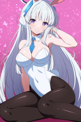 Rule 34 | 1girl, alternate costume, animal ears, arm support, bare shoulders, between breasts, black pantyhose, blue archive, blue necktie, blunt bangs, breasts, cleavage, closed mouth, commentary, covered navel, detached collar, fake animal ears, fake tail, halo, hand in own hair, headphones, highleg, highleg leotard, highres, large breasts, leotard, light blush, long hair, looking at viewer, necktie, noa (blue archive), paid reward available, pantyhose, pink background, playboy bunny, purple eyes, rabbit ears, rabbit tail, rin ateria, sitting, smile, solo, sparkle, split mouth, strapless, strapless leotard, tail, very long hair, white hair, white leotard, yokozuwari