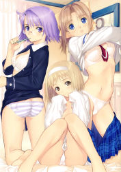 Rule 34 | 00s, 3girls, :o, absurdres, after (game), ass, barefoot, blonde hair, blue eyes, bra, breasts, brown eyes, cleavage, clothes lift, feet, glasses, hairband, highres, kishi youko, legs, lingerie, long legs, multiple girls, navel, no pants, open clothes, open shirt, panties, plaid, plaid skirt, purple eyes, purple hair, school uniform, shiomiya kanami, shirt, shirt lift, short hair, skirt, striped clothes, striped panties, takawashi nagisa, tony taka, toothbrush, unbuttoned, underwear, undressing, white bra, white panties