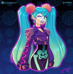 Rule 34 | 1girl, aqua eyes, aqua hair, artist name, bright pupils, choker, colored sclera, cowboy shot, cropped legs, dated, dia de muertos, ear piercing, earrings, flower, gradient hair, hair flower, hair ornament, hatsune miku, jewelry, long hair, long sleeves, melissa ballesteros, mexico, multicolored hair, one eye closed, parted lips, piercing, pink choker, pink flower, purple outline, shoulder pads, signature, skull earrings, skull facepaint, smile, solo, twintails, twitter username, very long hair, vocaloid, white pupils, worldwide miku, yellow sclera, zipper, zipper pull tab