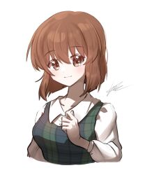 Rule 34 | 1girl, anj-euna seona, blouse, blunt ends, blush, bob cut, breasts, brown eyes, brown hair, close-up, closed mouth, collarbone, commentary, cropped torso, curled fingers, dress, green dress, hagiwara yukiho, hair strand, hand up, highres, idolmaster, idolmaster (classic), light blush, light smile, long sleeves, looking at viewer, medium breasts, pinafore dress, plaid, plaid dress, portrait, puffy sleeves, shirt, short hair, signature, simple background, sleeveless, sleeveless dress, smile, solo, upper body, white background, white shirt