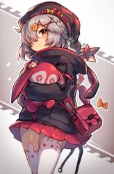 Rule 34 | 1girl, arknights, bag, black headwear, black jacket, braid, commentary request, cowboy shot, eyepatch, grey background, hair over one eye, holding, holding stuffed toy, jacket, long sleeves, looking at viewer, medical eyepatch, miniskirt, pleated skirt, popukar (arknights), red eyes, red skirt, satsuma imohen, short hair, silver hair, skirt, solo, standing, stuffed animal, stuffed rabbit, stuffed toy, thighhighs, thighs, white thighhighs