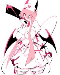 Rule 34 | blood on clothes, blood on hands, blush stickers, breasts, cleavage, colored skin, cross, demon girl, demon horns, demon tail, demon wings, dress, friday night funkin&#039;, hat, horns, large breasts, long hair, looking at viewer, machete, multicolored skin, nurse, nurse cap, pink hair, pink skin, sarvente (friday night funkin&#039;), sidelocks, tail, thick thighs, thighhighs, thighs, usa37107692, white dress, white eyes, white skin, wide hips, wings, zettai ryouiki