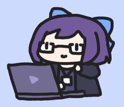 Rule 34 | 1girl, a-chan (hololive), animated, blue background, bow, chibi, computer, glasses, hair bow, hololive, id card, jacket, lanyard, laptop, logo, looping animation, purple hair, semi-rimless eyewear, simple background, sitting, solo, typing, under-rim eyewear, video, virtual youtuber, walfie