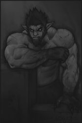 Rule 34 | 1boy, abs, bara, beard, black sclera, black theme, brusi (iixblacklionxii), colored sclera, cuts, demon boy, facial hair, fingernails, frown, geadient skin, hand up, iixblacklionxii, injury, large hands, looking at viewer, male focus, mature male, muscular, muscular male, original, pants, pectorals, pointy ears, scar, scar on arm, sharp fingernails, short hair, sideburns, solo, spiked hair, spot color, stomach, thick eyebrows, tombstone, topless male, yellow eyes