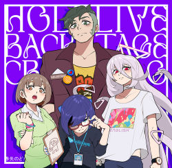 Rule 34 | 1boy, 1other, 2girls, a-chan (hololive), adjusting eyewear, alternate costume, aqua eyes, badge, black shirt, blue bow, blue hair, blue nails, blue pants, bow, bracelet, brown eyes, brown hair, brown jacket, button badge, choker, clipboard, closed mouth, collared shirt, commentary, crew neck, daidou shinove, english commentary, english text, glasses, green eyes, green nails, green sweater, hair behind ear, hair between eyes, hair bow, halo, hand on own arm, harusaki nodoka, holding, holding clipboard, hololive, hololive english, holostars, id card, jacket, jewelry, keenbiscuit, leaning forward, logo, long hair, looking at viewer, multiple girls, nail polish, no eyewear, omega alpha, open collar, open mouth, pants, pink hair, pink nails, print shirt, purple background, red-framed eyewear, red eyes, shirt, short hair, sweater, swept bangs, teeth, text background, triangle halo, undercut, upper body, upper teeth only, v-neck, virtual youtuber, watch, white choker, white shirt, wristwatch, yellow shirt
