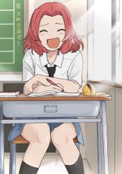 Rule 34 | 1girl, chalk, chalkboard, classroom, desk, fang, girls und panzer, highres, indoors, laughing, medium hair, necktie, open mouth, pencil case, pleated skirt, red hair, rosehip (girls und panzer), school, school desk, school uniform, short hair, skin fang, skirt, smile, solo, sunlight, window, zono (inokura syuzo029)