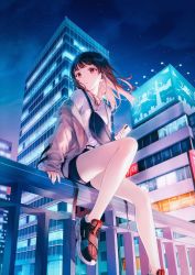Rule 34 | 1girl, :o, arm support, black footwear, black shorts, blush, brown hair, building, hand up, hiten (hitenkei), holding, holding phone, jacket, long hair, long sleeves, night, off shoulder, original, outdoors, parted lips, phone, railing, red eyes, shirt, shoes, shorts, sitting, sky, skyscraper, sneakers, solo, white jacket, white shirt