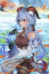 Rule 34 | ahoge, bare shoulders, bell, black legwear, blue hair, bow, bowtie, breasts, chinese knot, detached sleeves, flower, flower knot, ganyu (genshin impact), genshin impact, glaze lily, gloves, gold trim, highres, holding, holding flower, horns, long hair, low ponytail, medium breasts, meltyrice, neck bell, purple eyes, scenery, smile, solo, tassel, thighlet, very long hair, vision (genshin impact), white sleeves, wide sleeves