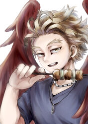 Rule 34 | 1boy, absurdres, blonde hair, blue shirt, boku no hero academia, hawks (boku no hero academia), highres, holding, holding skewer, jewelry, looking at viewer, male focus, necklace, open mouth, r1014-chopper, red wings, shirt, short sleeves, skewer, solo, t-shirt, upper body, white background, wings