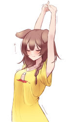 Rule 34 | 1girl, absurdres, alternate costume, animal ears, arms up, blouse, blush, braid, breasts, brown hair, casual, cleavage, closed mouth, commentary, cowboy shot, dog ears, closed eyes, highres, hololive, inugami korone, medium breasts, medium hair, oni0417, own hands clasped, own hands together, print shirt, shirt, short sleeves, simple background, smile, solo, stretching, t-shirt, twin braids, virtual youtuber, white background, yellow shirt