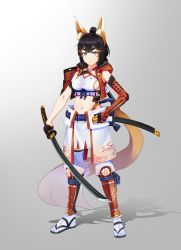 Rule 34 | 1girl, animal ears, armor, black hair, blue eyes, blunt bangs, breasts, closed mouth, commentary request, detached sleeves, fox ears, fox tail, gloves, grey background, hair ornament, hairclip, half gloves, highres, holding, holding sword, holding weapon, japanese armor, kagiyama (clave), katana, kusazuri, large breasts, legs apart, looking at viewer, midriff, navel, original, samurai, sandals, scabbard, sheath, single detached sleeve, solo, sword, tabi, tail, thick eyebrows, unsheathed, weapon, white legwear