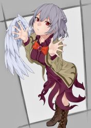 Rule 34 | 1girl, bird wings, bow, bowtie, breasts, brown footwear, brown jacket, collared dress, commentary request, cross-laced footwear, dress, feathered wings, from above, gem, grey hair, half up braid, highres, jacket, kashiwagi (pixiv35005989), kishin sagume, long sleeves, open clothes, open jacket, parted lips, purple dress, red bow, red bowtie, short hair, single wing, small breasts, solo, standing, touhou, wings
