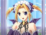 Rule 34 | 1girl, animated, bat wings, blonde hair, breasts, brooch, carrot, covering privates, covering breasts, crossed arms, detached sleeves, frills, garter straps, hair ornament, hairclip, horiuchi sana, jewelry, looking at viewer, lowres, maid headdress, nipples, pia carrot (series), piajong, purple eyes, talking, thighhighs, topless, undressing, video, video, window, wings