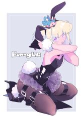 Rule 34 | 1boy, :o, absurdres, alternate costume, animal ears, belt, black belt, black bow, black bowtie, black footwear, black gloves, black leotard, black pantyhose, blonde hair, blue hair, border, bow, bowtie, character doll, character name, crossdressing, english text, fake animal ears, fake tail, frilled skirt, frills, from side, galo thymos, gloves, grey background, half gloves, high heels, highres, leotard, lio fotia, male focus, male playboy bunny, microskirt, multiple belts, pantyhose, promare, purple eyes, rabbit ears, rabbit tail, short hair, skirt, solo, tail, thigh belt, thigh strap, trap, white border, yzyz630