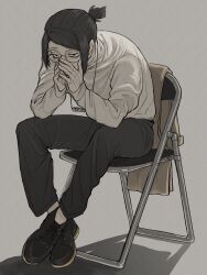 Rule 34 | 1boy, bags under eyes, black eyes, black footwear, black hair, black pants, catman72oekaki, chair, clothes on chair, commentary, covering own mouth, crossed ankles, elbows on knees, folding chair, full body, grey background, half-closed eyes, hands on own face, highres, hunched over, inkya lovecome, jacket, jewelry, long sleeves, looking ahead, male focus, on chair, pants, pendant, round eyewear, shadow, shirt, shoes, short ponytail, simple background, sitting, solo, steepled fingers, swept bangs, tsugai kouto, unworn jacket, white shirt