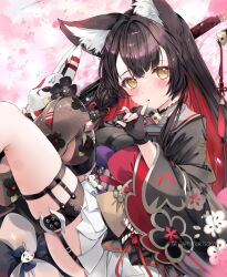 Rule 34 | 1girl, animal ear fluff, animal ears, artist name, black gloves, black kimono, black nails, blue archive, blunt ends, blush, brown hair, cherry blossoms, colored inner hair, day, fingerless gloves, fox ears, fox girl, fox mask, fox tail, gloves, highres, holding, holding mask, japanese clothes, kimono, long hair, looking at viewer, mask, multicolored hair, outdoors, sash, sitting, solo, soraneko hino, tail, thigh strap, wakamo (blue archive), yellow eyes