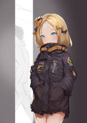 Rule 34 | 1girl, abigail williams (fate), abigail williams (traveling outfit) (fate), absurdres, bandaid, bandaid on face, bandaid on forehead, belt, black bow, black jacket, blonde hair, blue eyes, blush, bow, crossed bandaids, fate/grand order, fate (series), forehead, hair bow, hands in pockets, heroic spirit traveling outfit, high collar, highres, hip focus, jacket, long hair, long sleeves, looking at viewer, official alternate costume, orange bow, parted bangs, polka dot, polka dot bow, shinkuwauri, solo, thighs