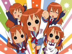 Rule 34 | 5girls, asahina mikuru, brown hair, bunny headphones, clone, cosplay, headphones, koizumi itsuki, koizumi itsuki (cosplay), kyon, kyon (cosplay), long hair, maid, multiple girls, nagato yuki, nagato yuki (cosplay), necktie, nikuru, orange hair, parody, school uniform, serafuku, suzumiya haruhi, suzumiya haruhi-chan no yuuutsu, suzumiya haruhi (cosplay), suzumiya haruhi no yuuutsu