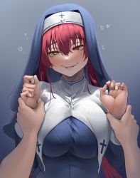 Rule 34 | 1girl, absurdres, alternate costume, breasts, hair between eyes, harris hero, heterochromia, highres, holding another&#039;s wrist, hololive, houshou marine, houshou marine (nun), large breasts, long hair, looking at viewer, nun, red eyes, red hair, smile, solo focus, traditional nun, twintails, upper body, virtual youtuber, yellow eyes