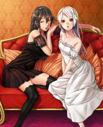 Rule 34 | 2girls, apple, apple inc., bad id, bad pixiv id, bare shoulders, black dress, black hair, black thighhighs, couch, digital media player, dress, food, fruit, hairband, inuzuka bouru, ipod, multiple girls, off shoulder, personification, pillow, red eyes, red upholstery, strapless, strapless dress, thighhighs, wallpaper, white dress, white hair