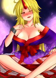 Rule 34 | 1girl, bare shoulders, between legs, blonde hair, blush, breasts, chain, cleavage, cup, fang, female focus, full moon, highres, horns, hoshiguma yuugi, hoshiguma yuugi (kimono), indian style, japanese clothes, large breasts, long hair, moon, nature, off shoulder, one eye closed, open mouth, outdoors, petals, plant, red eyes, roki (hirokix), single horn, sitting, sky, solo, star (symbol), touhou, wink, wrist cuffs