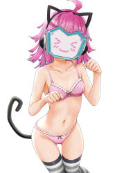 Rule 34 | &gt; &lt;, 1girl, absurdres, ahoge, animal ears, bare arms, bare shoulders, bow, bow bra, bow panties, bra, breasts, cat ears, cat tail, collarbone, commentary request, facing viewer, fake animal ears, feet out of frame, frilled bra, frilled panties, frills, groin, hands up, highres, long hair, love live!, love live! nijigasaki high school idol club, miel (lessontome), navel, panties, paw pose, pink bra, pink hair, pink panties, simple background, small breasts, smile, solo, striped clothes, striped thighhighs, sweat, tail, tennoji rina, thigh gap, thighhighs, underwear, underwear only, white background