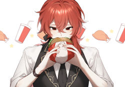 Rule 34 | 1boy, bad id, bad twitter id, blush, burger, covered mouth, cup, diluc (genshin impact), diluc (kfc) (genshin impact), disposable cup, drinking straw, eating, food, genshin impact, hair between eyes, hair ribbon, highres, holding, holding food, kkopoli, lettuce, long hair, looking at viewer, male focus, necktie, red eyes, red hair, ribbon, simple background, sleeves rolled up, solo, star (symbol), turkey (food), wrapper