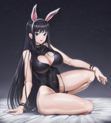Rule 34 | 1girl, absurdres, animal ears, arm support, black hair, blue eyes, breasts, cleavage, cleavage cutout, clothing cutout, commentary request, covered navel, earrings, fake animal ears, goback, heart cutout, highres, jewelry, large breasts, long hair, looking at viewer, original, rabbit ears, sitting, solo, thighs