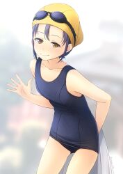 Rule 34 | 1girl, black hair, black one-piece swimsuit, brown eyes, commission, flat chest, goggles, goggles on head, highres, leaning forward, looking at viewer, old school swimsuit, one-piece swimsuit, original, pixiv commission, school swimsuit, shibacha, solo, swim cap, swimsuit, towel, waving, white towel