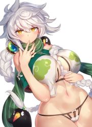 Rule 34 | 1girl, asymmetrical hair, bad id, bad twitter id, bead, blush, bra, braid, breasts, cleavage, clothing cutout, cloud print, crop top, cupless bra, failure penguin, finger to mouth, gem, green scarf, hair between breasts, hair ornament, hip focus, jitome, kantai collection, large breasts, long hair, navel, open mouth, orb, panties, pokoten (pokoten718), scarf, shoulder cutout, silver hair, simple background, single braid, striped clothes, striped scarf, swept bangs, underwear, unryuu (kancolle), very long hair, wavy hair, white background, yellow eyes