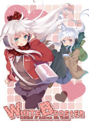 Rule 34 | 10s, 2012, 2girls, :d, anceril sacred, aqua eyes, backpack, bad id, bad pixiv id, bag, black legwear, blue eyes, blush, ciel sacred, coat, cover, cover page, gloves, hand on headphones, heterochromia, jacket, long hair, mishima kurone, multiple girls, open clothes, open jacket, open mouth, original, pantyhose, plaid, plaid scarf, red eyes, scarf, skirt, smile, sweater, track jacket, twintails, white hair