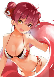 Rule 34 | 1girl, ahoge, alternate costume, alternate hairstyle, bare arms, bare legs, bare shoulders, bikini, breasts, cleavage, commentary request, double bun, fang, hair bun, hair ribbon, halterneck, head tilt, heterochromia, highres, hololive, houshou marine, innertube, leaning forward, looking at viewer, medium breasts, open mouth, red eyes, red hair, red ribbon, ribbon, side-tie bikini bottom, simple background, smile, solo, standing, string bikini, swim ring, swimsuit, upper body, virtual youtuber, white background, yellow eyes, yoyoshi renga