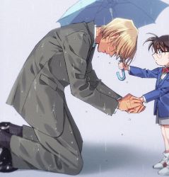 Rule 34 | 2boys, amuro tooru, black-framed eyewear, black footwear, blazer, blonde hair, blue eyes, blue jacket, blue umbrella, blurry, bow, bowtie, brown hair, child, collared shirt, commentary request, depth of field, edogawa conan, formal, from side, glasses, gradient background, grey background, grey jacket, grey pants, grey shorts, grey suit, hair over eyes, hand grab, highres, holding, holding umbrella, jacket, k (gear labo), kneeling, long sleeves, looking at another, looking down, male focus, meitantei conan, multiple boys, pants, parted lips, rain, red bow, red neckwear, shirt, shoes, short hair, shorts, simple background, sneakers, socks, standing, suit, tears, umbrella, white legwear, white shirt