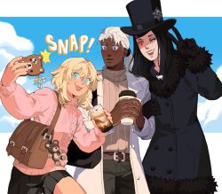 Rule 34 | 1other, 2boys, :p, alternate costume, androgynous, aqua eyes, black coat, black gloves, black hair, black shorts, blonde hair, blue eyes, bridget (guilty gear), bubble tea, cellphone, coat, commentary, crossdressing, cup, dark-skinned male, dark skin, disposable cup, drink, drinking straw, english commentary, fur-trimmed coat, fur-trimmed sleeves, fur collar, fur trim, gloves, guilty gear, guilty gear strive, guilty gear xrd, hat, hat ornament, highres, holding, holding cup, holding drink, holding phone, long hair, long sleeves, looking at another, looking at phone, looking at viewer, medium hair, multiple boys, official alternate costume, one eye closed, phone, pink sweater, red eyes, roger (guilty gear), round eyewear, selfie, shorts, skull hat ornament, smartphone, smile, sorrysap, stuffed animal, stuffed toy, sweater, taking picture, teddy bear, testament (guilty gear), tongue, tongue out, top hat, trap, v, venom (guilty gear), white hair