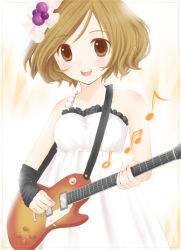 Rule 34 | 00s, 1girl, brown eyes, brown hair, don&#039;t say &quot;lazy&quot;, dress, female focus, gradient background, guitar, hirasawa yui, instrument, k-on!, kousumi, short hair, solo