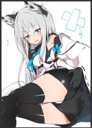 Rule 34 | 1girl, animal ears, aqua eyes, azur lane, bad id, bad twitter id, black gloves, black hair, black shorts, black thighhighs, blush, breasts, caburi, commentary request, crossed bandaids, crossed bangs, detached sleeves, eyes visible through hair, fallen down, flying sweatdrops, fox ears, gloves, hair between eyes, hand on own ass, highres, kawakaze (azur lane), long hair, looking at viewer, neckerchief, nontraditional miko, panties, pink panties, raised eyebrow, ribbon, ribbon-trimmed sleeves, ribbon trim, shorts, silver hair, simple background, solo, sweat, thighhighs, thighs, underwear, wavy mouth, white background, wide sleeves, zettai ryouiki