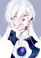 Rule 34 | 1990s (style), 1boy, black nails, blue eyes, cardcaptor sakura, covering face, gem, hair between eyes, long hair, looking to the side, male focus, masa ashe, nail polish, parted lips, purple background, retro artstyle, simple background, sleeves past wrists, solo, upper body, white hair, yue (cardcaptor sakura)