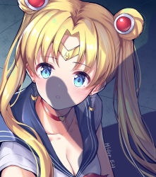 Rule 34 | 1girl, absurdres, bishoujo senshi sailor moon, blonde hair, blue eyes, blue sailor collar, blush, breasts, choker, circlet, cleavage, collarbone, crescent, crescent earrings, derivative work, earrings, gao2519, hair ornament, hair over shoulder, heart, heart choker, highres, jewelry, long hair, meme, parted bangs, parted lips, penis, penis shadow, red choker, revision, sailor collar, sailor moon, sailor moon redraw challenge (meme), screenshot redraw, shadow, short sleeves, solo, solo focus, teeth, tsukino usagi, twintails, upper body
