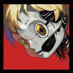 Rule 34 | 1boy, blonde hair, body writing, close-up, colored skin, grey skin, head only, himurohiromu, male focus, mechanical parts, numbered, open mouth, original, red background, robot, short hair, simple background, single eyebrow, solo, wire, yellow eyes