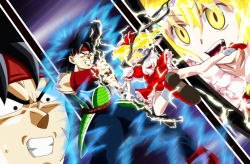 Rule 34 | 1boy, 1girl, armor, aura, bardock, black eyes, black hair, blonde hair, clenched hands, clenched teeth, crossover, crystal, dragon ball, dragonball z, dress, electricity, fang, flandre scarlet, full body, hat, hat ribbon, headband, monkey tail, muscular, open mouth, puffy sleeves, red dress, red eyes, ribbon, scar, shirt, short hair, side ponytail, skirt, spiked hair, sweatdrop, tail, teeth, ten&#039;yoku, touhou, vampire, vest, wings, wristband