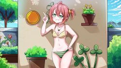 Rule 34 | 1girl, belly, blush, blush stickers, bra, breasts, coin, commission, flower, fuyo cloverfield, garden, green eyes, green panties, hair ornament, hair ribbon, hand on own hip, highres, idol corp, jewelry, mountain, navel, panties, pendant, pointing, pointy ears, ribbon, shadow, short hair, sky, sleeves past wrists, small breasts, smirk, solo, striped clothes, striped panties, teeth, thighs, tree, underwear, underwear only, virtual youtuber, wall, wallpaper