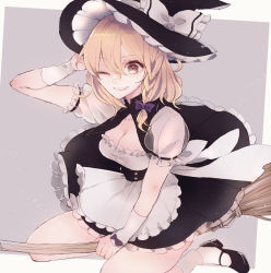Rule 34 | 1girl, absurdres, apron, bad id, bad pixiv id, black dress, black footwear, blonde hair, bow, braid, breasts, broom, broom riding, bura, buttons, cleavage, dress, fingerless gloves, frilled dress, frills, gloves, grin, hair bow, hat, hat bow, highres, kirisame marisa, mary janes, one eye closed, puffy sleeves, purple bow, shoes, short sleeves, single braid, small breasts, smile, socks, solo, touhou, waist apron, white socks, witch hat, yellow eyes