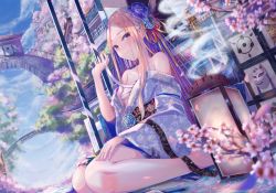 Rule 34 | 1girl, abigail williams (fate), alternate costume, alternate hair color, alternate hairstyle, blonde hair, blue flower, blue hair, blush, cherry blossoms, commentary, fate/grand order, fate (series), flower, fox mask, japanese clothes, katana, kimono, kinom (sculpturesky), light smile, long hair, looking at viewer, mask, multicolored hair, parted bangs, pink flower, purple eyes, seiza, sitting, smile, solo, sword, two-tone hair, very long hair, weapon