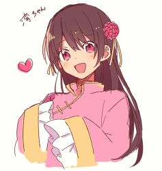 Rule 34 | 1girl, :d, axis powers hetalia, brown hair, china dress, chinese clothes, chiyo (chiyo ronpa), cropped torso, dress, flower, frills, hair flower, hair ornament, hair ribbon, heart, highres, long hair, long sleeves, looking at viewer, open mouth, pink dress, pink eyes, pink flower, ribbon, simple background, sleeves past fingers, sleeves past wrists, smile, solo, taiwan (hetalia), upper body, white background, yellow ribbon