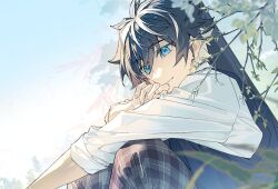 Rule 34 | 1boy, arm rest, black hair, blue eyes, blue sweater vest, blurry, branch, bud, charlemagne (fate), closed mouth, depth of field, fate/grand order, fate (series), grey pants, hair between eyes, hand to own mouth, hand up, idass (idass16), knees up, leaf, looking at viewer, male focus, multicolored hair, official alternate costume, outdoors, outstretched arm, pants, plaid, plaid pants, school uniform, shirt, short hair, sitting, sleeves past elbows, sleeves rolled up, smile, solo, sweater vest, two-tone hair, white hair, white shirt