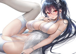 Rule 34 | 1girl, absurdres, azur lane, bare shoulders, black hair, breasts, cleavage, denchu (kazudentyu), dress, finger to mouth, garter straps, highleg, highleg panties, highres, large breasts, legs up, looking at viewer, lying, naughty face, navel, official alternate costume, on back, panties, red eyes, sleeveless, sleeveless dress, solo, spread legs, taihou (azur lane), taihou (temptation on the sea breeze) (azur lane), thighhighs, thong, underwear, white dress, white panties, white thighhighs