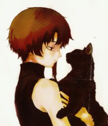 Rule 34 | 1girl, animal, asymmetrical hair, bare shoulders, black cat, black eyes, black sweater, brown hair, cat, expressionless, highres, holding, holding animal, holding cat, iwakura lain, looking at another, profile, ranm12s, serial experiments lain, short hair, simple background, single sidelock, sleeveless, sleeveless sweater, sleeveless turtleneck, solo, sweater, turtleneck, turtleneck sweater, upper body, white background
