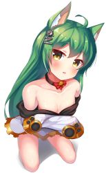 Rule 34 | 1girl, 2drr, :3, ahoge, akashi (azur lane), animal ears, azur lane, bare shoulders, bell, black choker, blush, bow, breasts, cat ears, choker, clothes pull, collarbone, commentary request, dress, dress pull, green hair, hair between eyes, hair ornament, head tilt, jingle bell, kneeling, long hair, long sleeves, looking at viewer, parted lips, red bow, simple background, sleeves past wrists, small breasts, smile, solo, very long hair, white background, white dress, yellow eyes
