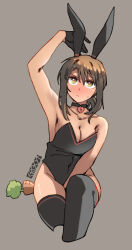 Rule 34 | 1girl, animal ears, arm up, artist logo, artist name, black choker, black gloves, black leotard, black thighhighs, blush, breasts, brown hair, choker, cleavage, closed mouth, collarbone, covered navel, ergot, fake animal ears, fubuki (kancolle), gloves, green eyes, grey background, hair between eyes, heart-shaped lock, heart lock (kantai collection), highres, kantai collection, leotard, medium breasts, rabbit ears, short hair, simple background, solo, strapless, strapless leotard, thighhighs
